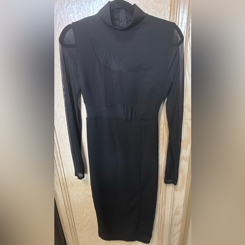 Fashion Nova Black Fallen Angel Mesh Midi Bodycon Mock Neck Dress‎